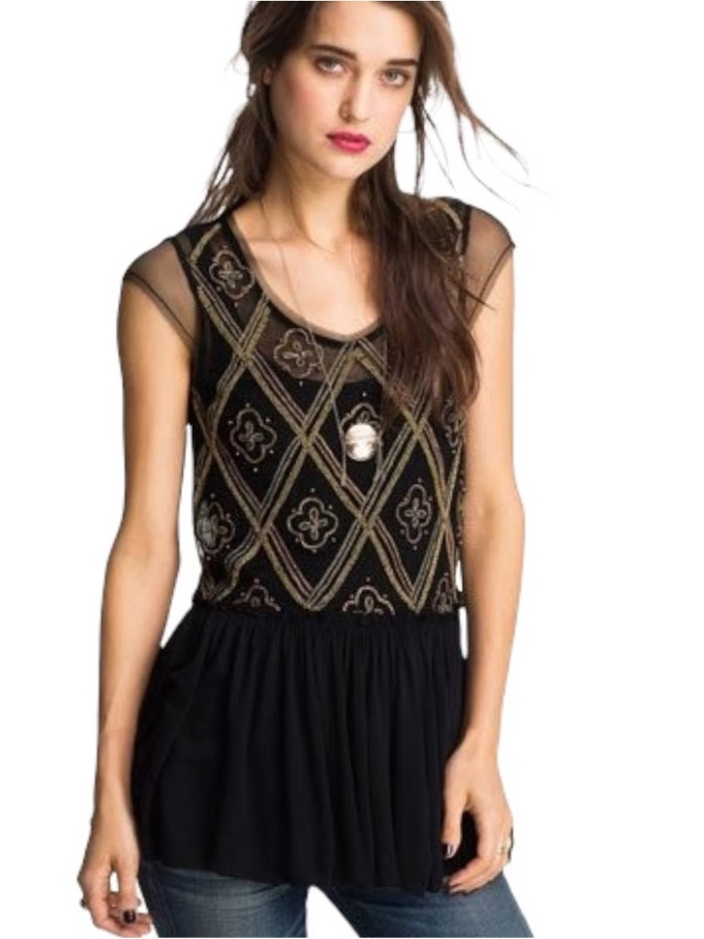 Free People Holiday To India Sleeveless Beaded Top Size XS